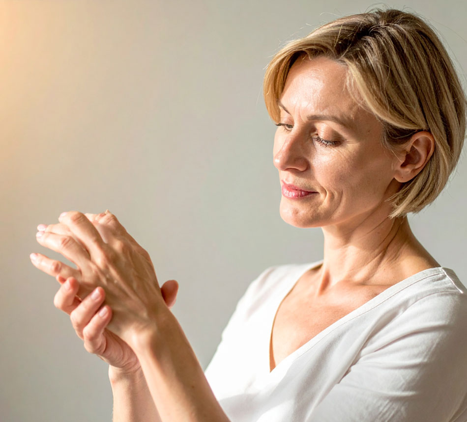 Femme souriante massant ses mains