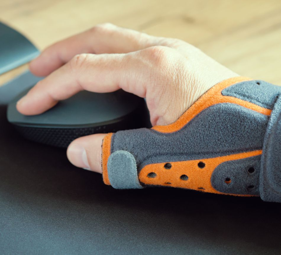 Main utilisant une souris avec une orthèse.