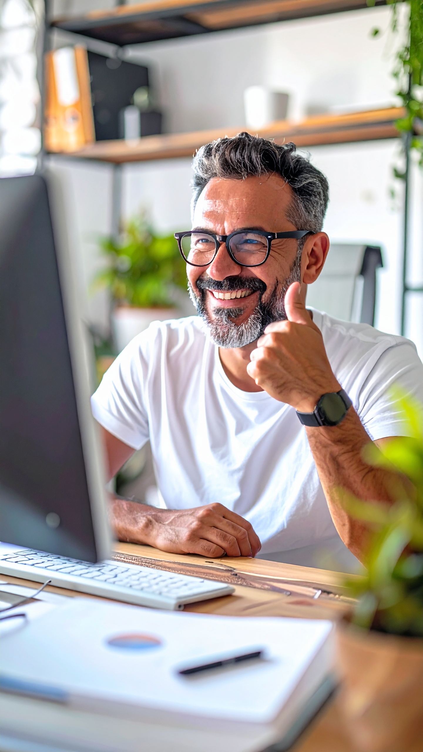 Homme souriant devant un ordinateur, faisant un pouce en l'air.