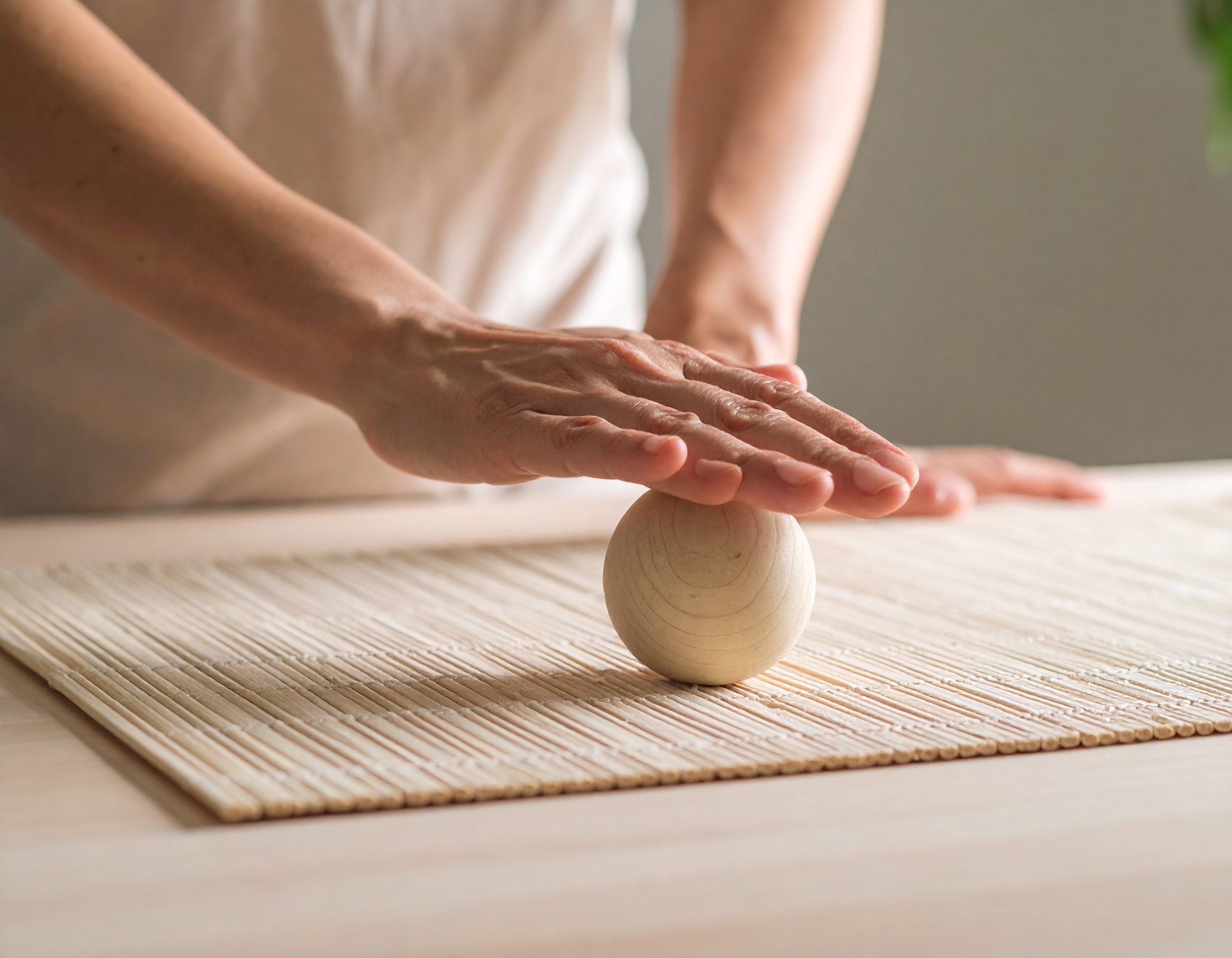 Main posée sur une boule en bois.