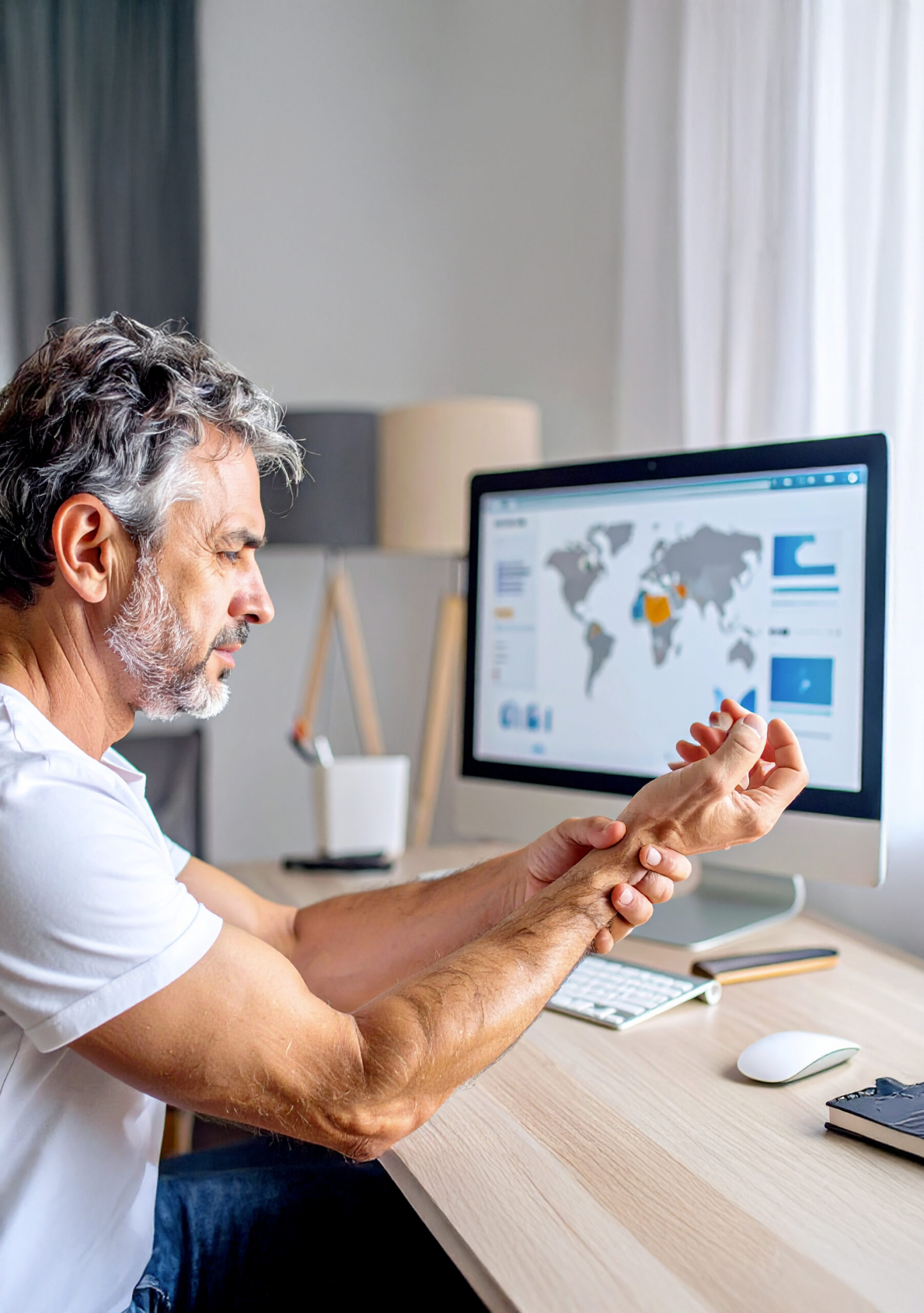Homme travaillant à l'ordinateur, se tenant le poignet.