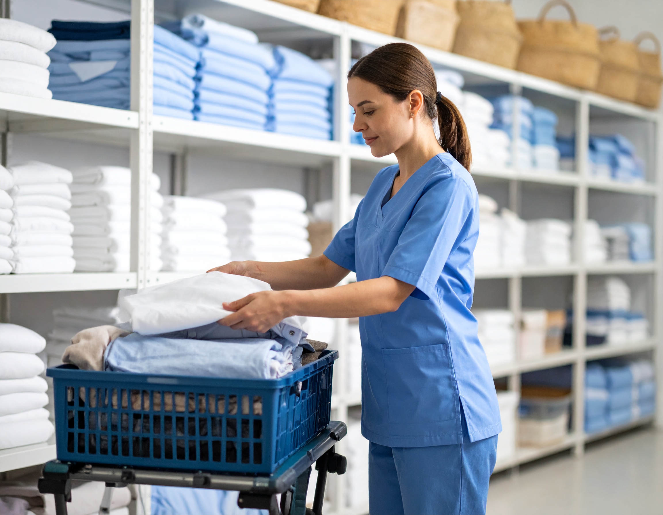 Femme en blouse plie du linge dans une buanderie