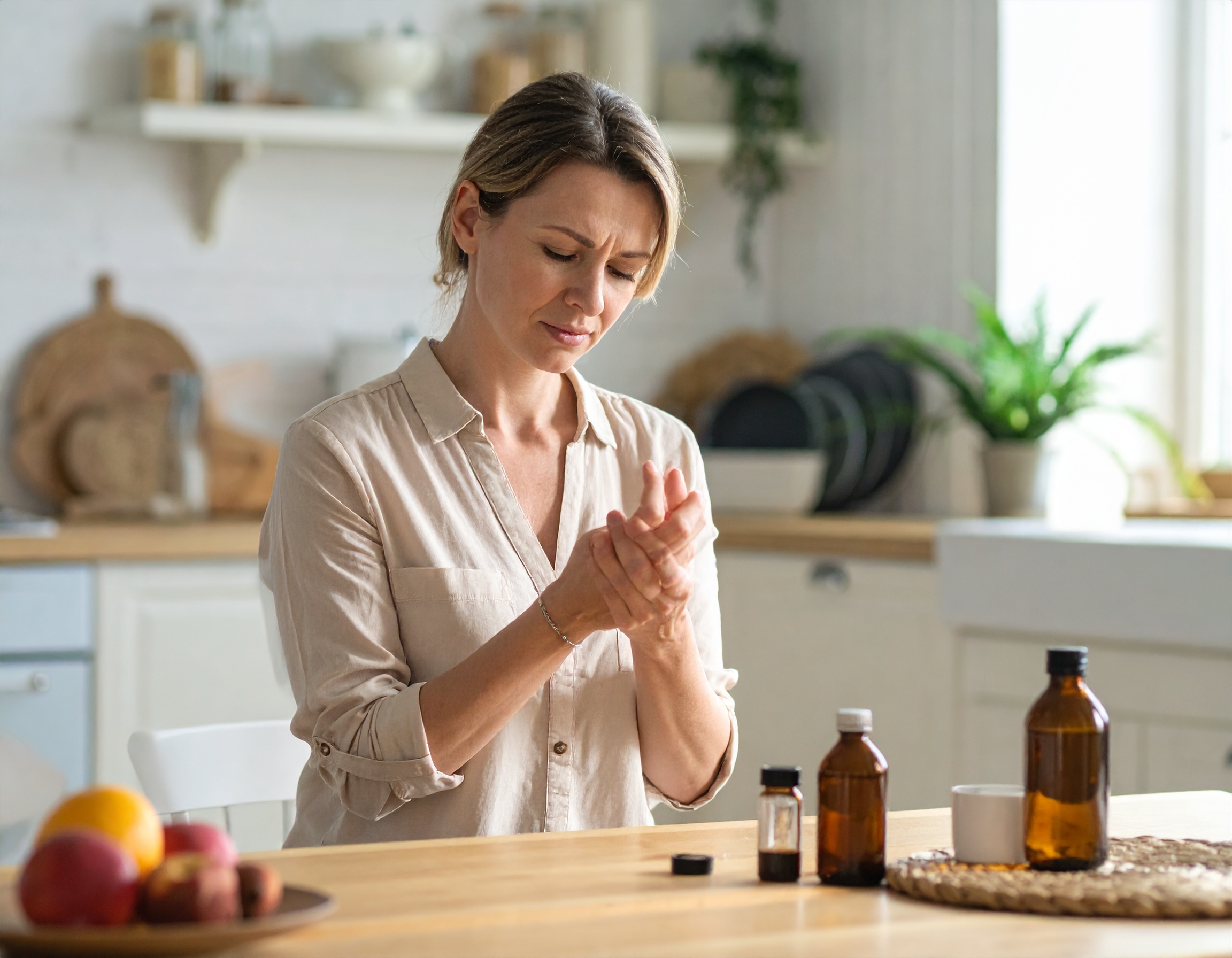 Femme souffrant de douleurs aux mains en cuisine.