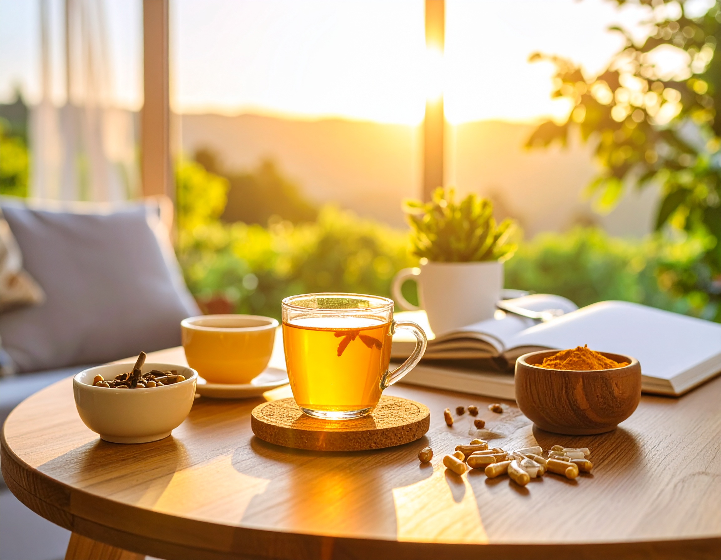 Tasse de thé sur une table ensoleillée.