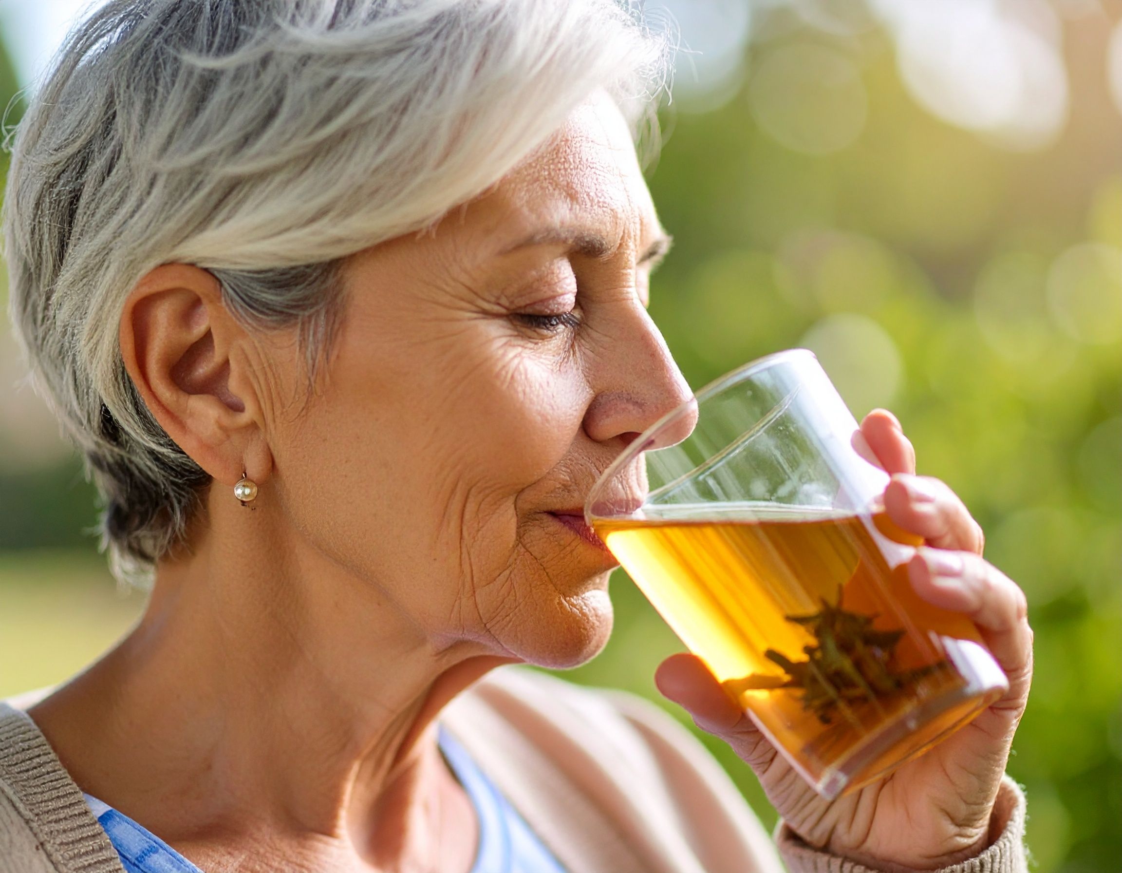 Femme âgée savourant une tasse de thé.