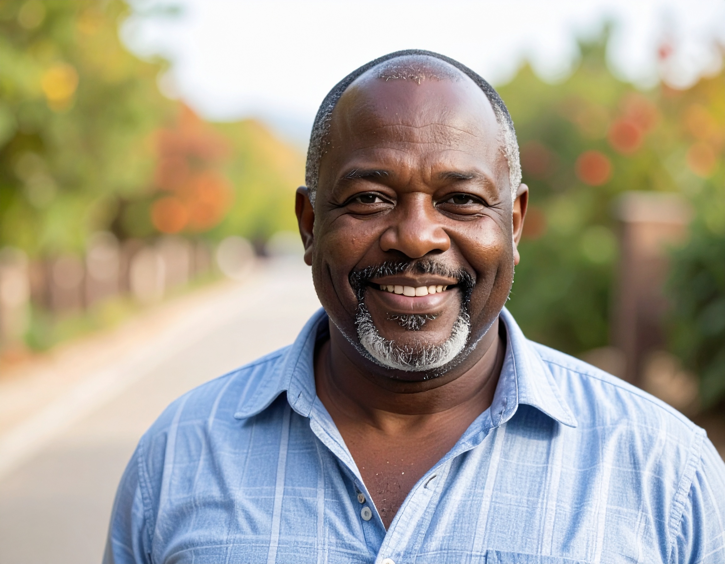 Homme souriant sur une route tranquille.
