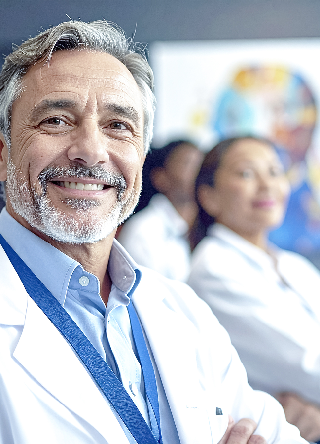 Médecins souriants en blouse blanche, ambiance professionnelle.