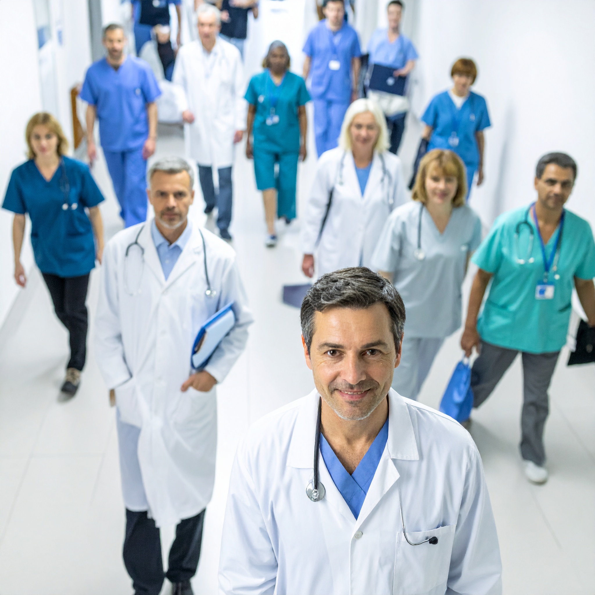 Équipe médicale marchant dans un hôpital moderne.