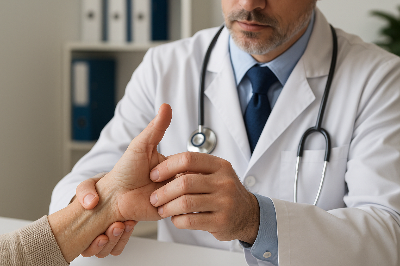 Arts onderzoekt hand van een patiënt.