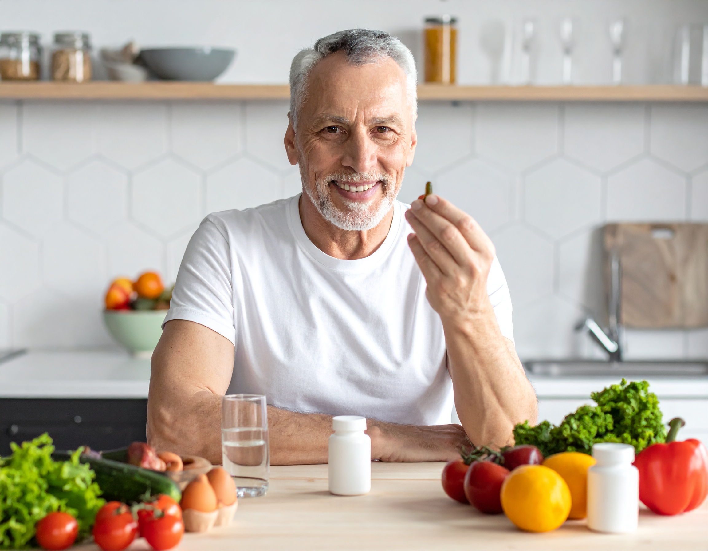 Homme souriant avec des médicaments et des légumes.