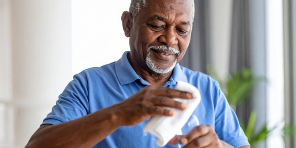 Homme âgé nettoyant avec un chiffon blanc