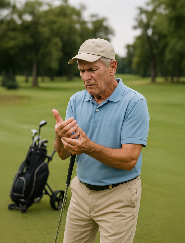 Man controleert zijn pols op een golfbaan.