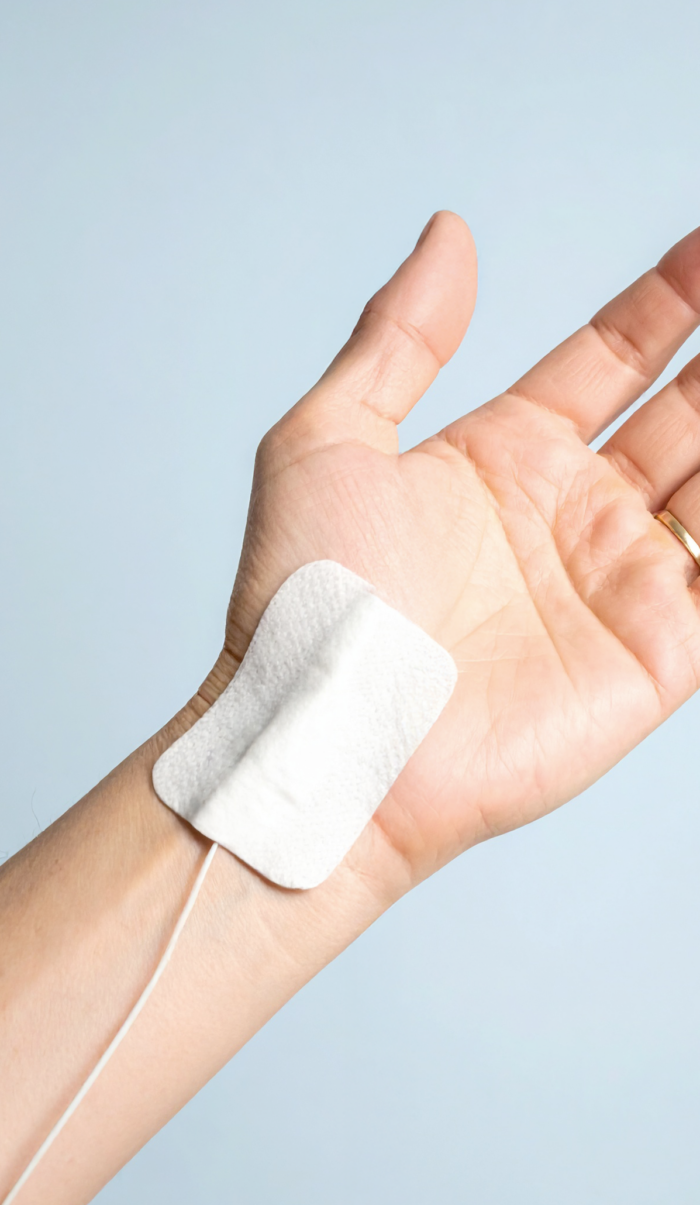 Hand met een elektrodenpad bevestigd