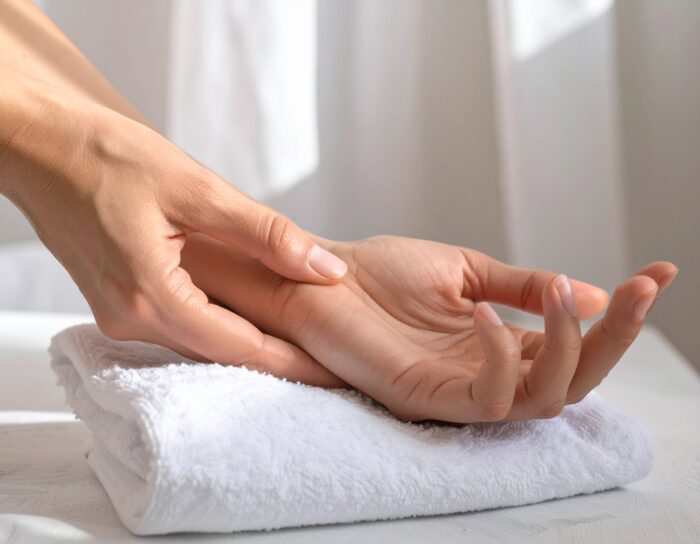 Handmassage op een witte handdoek