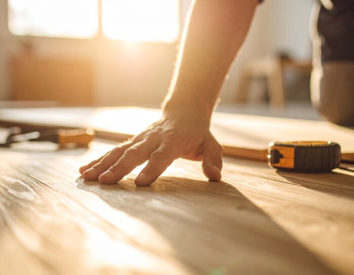 Hand raakt houten oppervlak aan bij zonsondergang