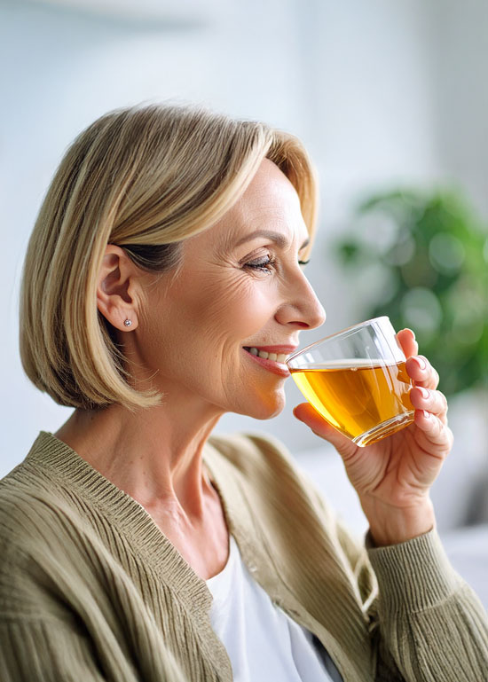 Vrouw drinkt een glas lichtgekleurde drank.