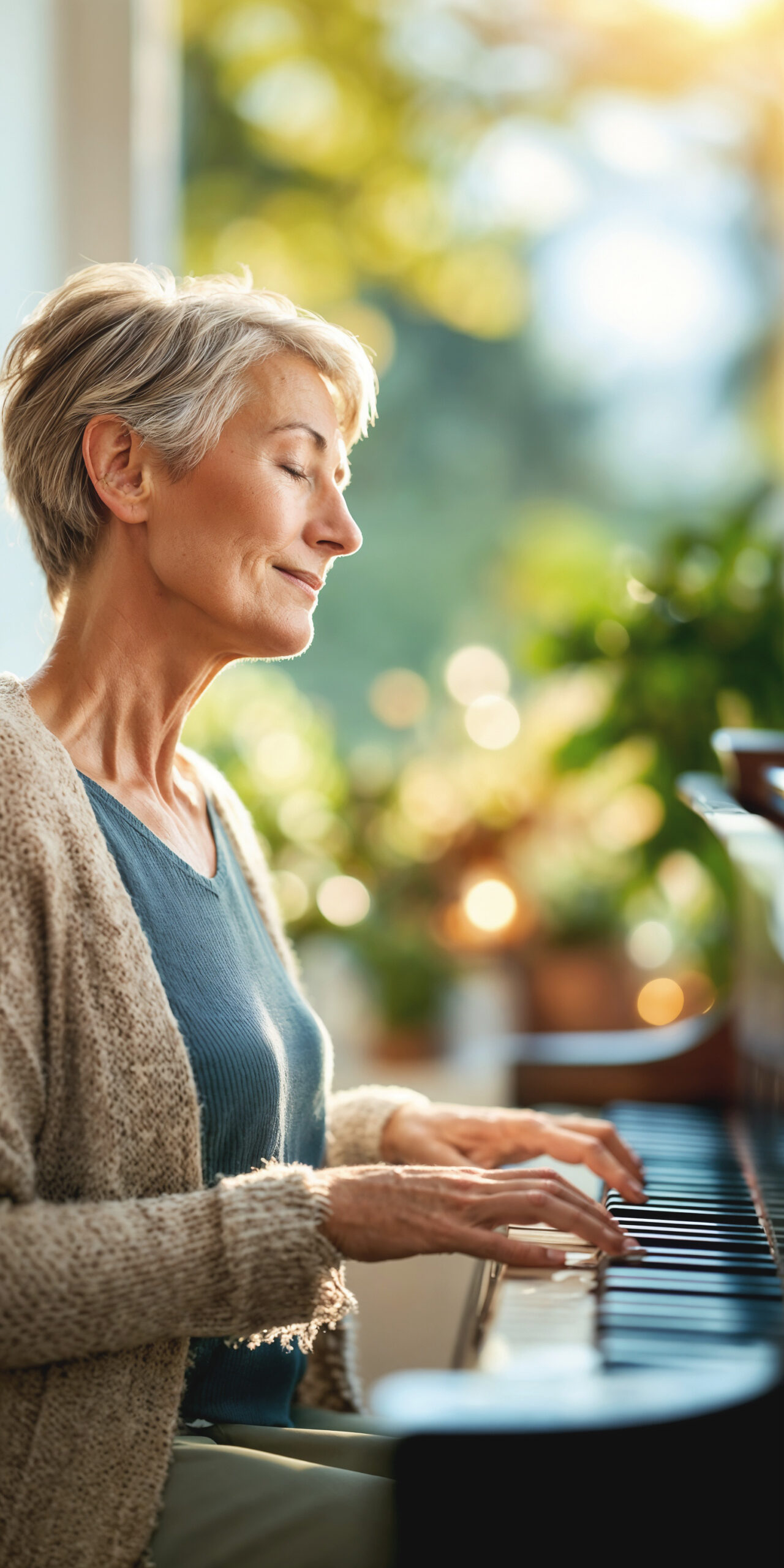 Oudere vrouw speelt piano in zonnige kamer.