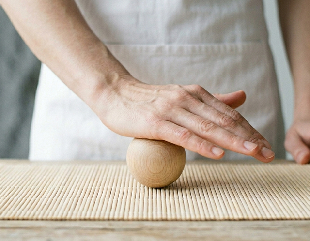Hand rolt houten bal op mat