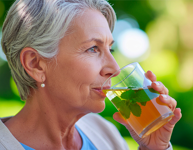 Vrouw drinkt kruidenthee met munt in tuin