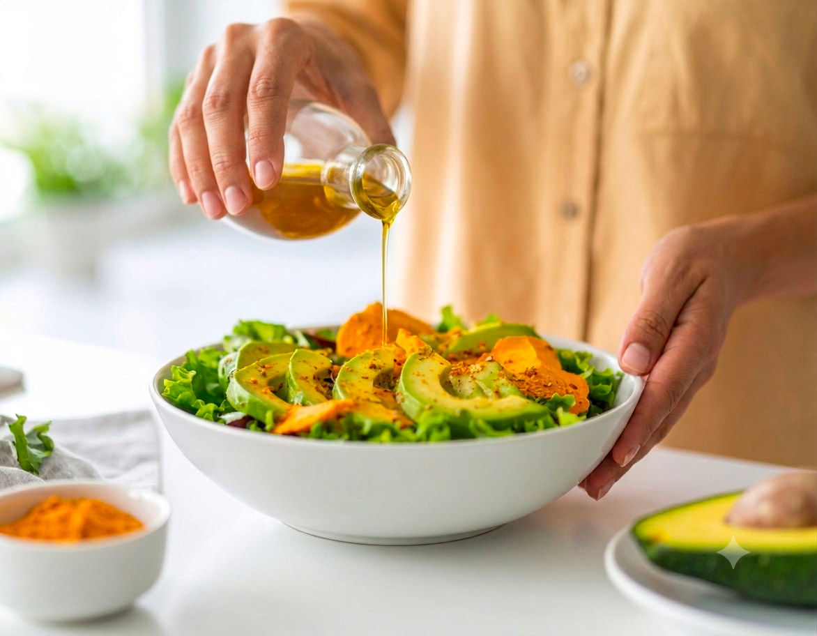 Olijfolie over salade met avocado en groenten
